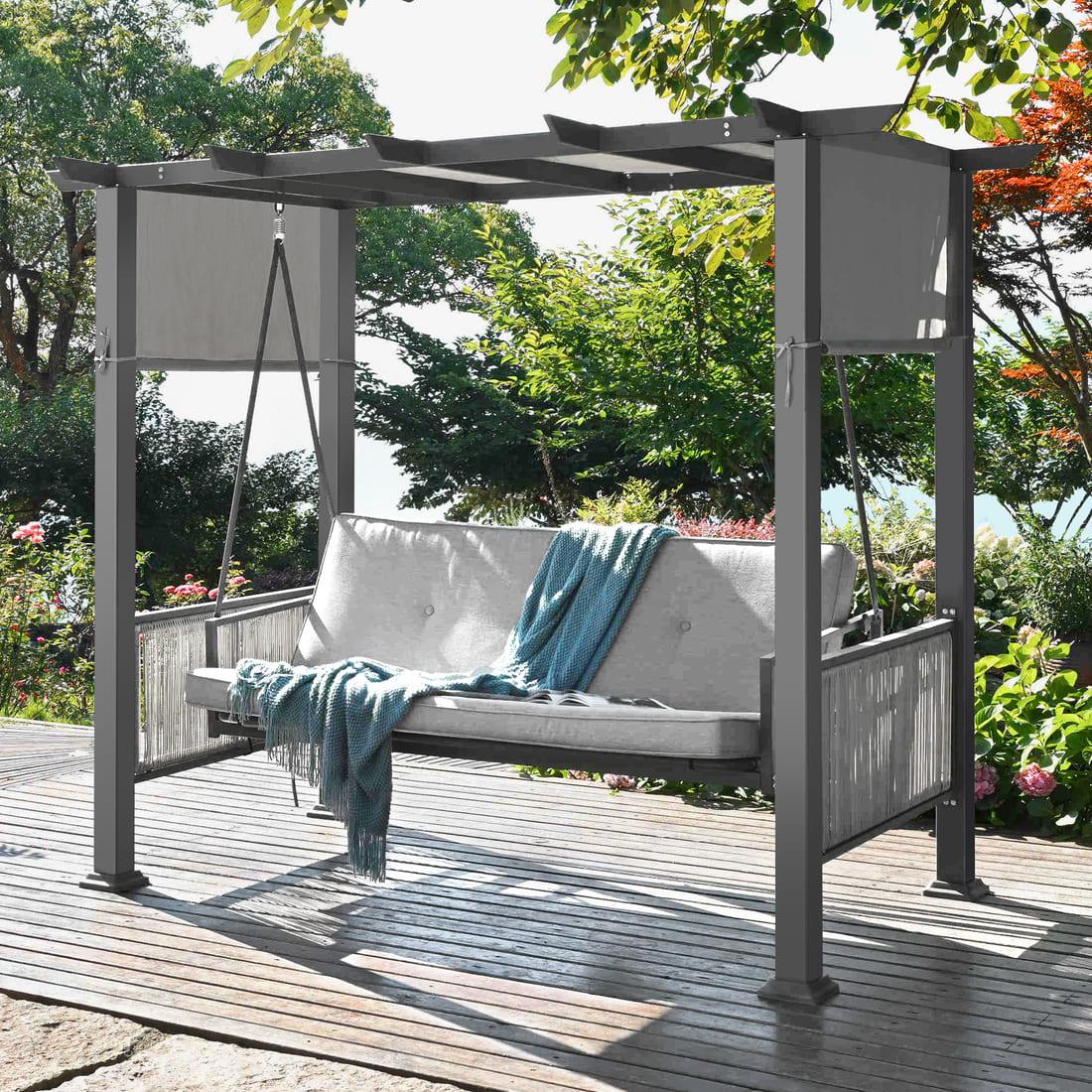 3-Seat Outdoor Pergola Swing Bed with UV Protection Canopy & Cushions - Gray Steel Frame