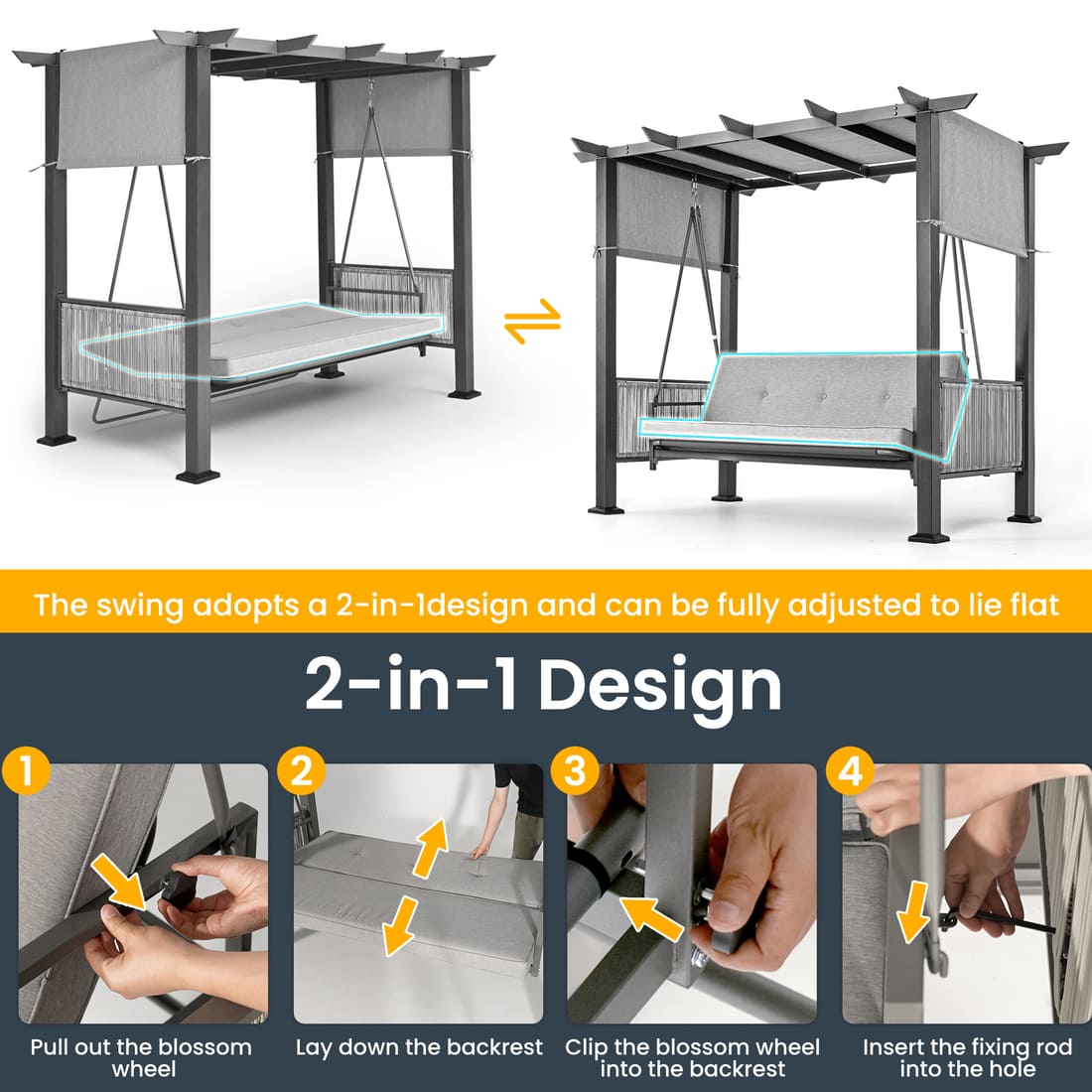 3-Seat Outdoor Pergola Swing Bed with UV Protection Canopy & Cushions - Gray Steel Frame