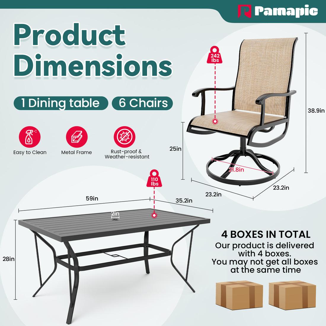 Pamapic 7-Piece Outdoor Dining Set - Textilene Table with 6 Swivel Chairs