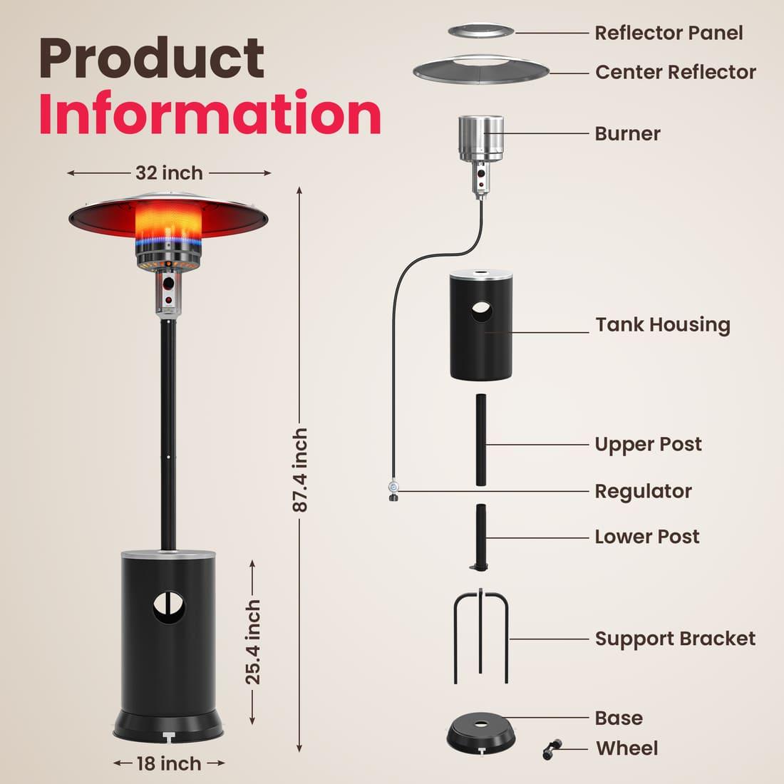 Pamapic Portable Patio Heater Propane - 48,000 BTU with Table Design & Wheels, Commercial & Residential