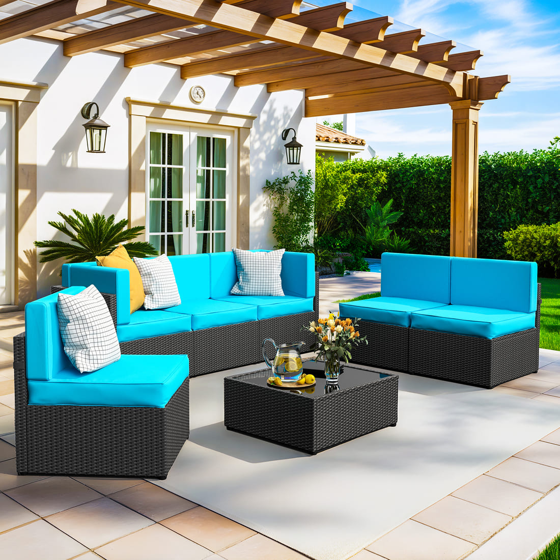 Pamapic Rattan Outdoor Sectional Couch Set (7 Pieces)