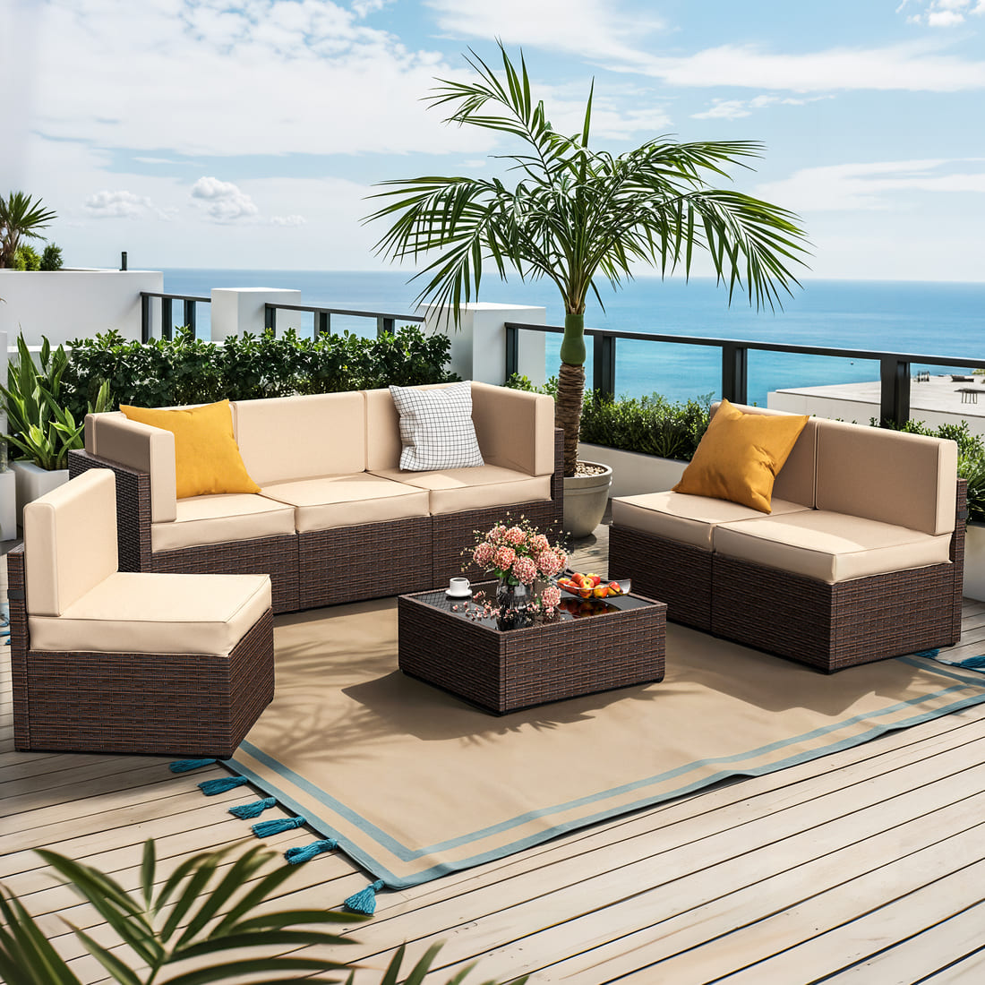 Pamapic Rattan Outdoor Sectional Couch Set (7 Pieces)