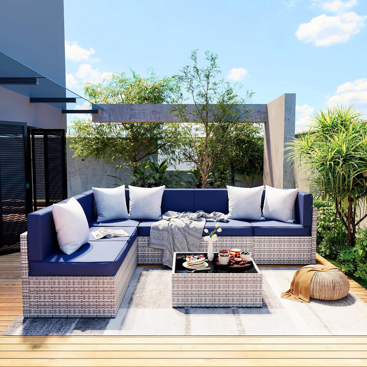 Pamapic Rattan Outdoor Sectional Couch Set (7 Pieces)