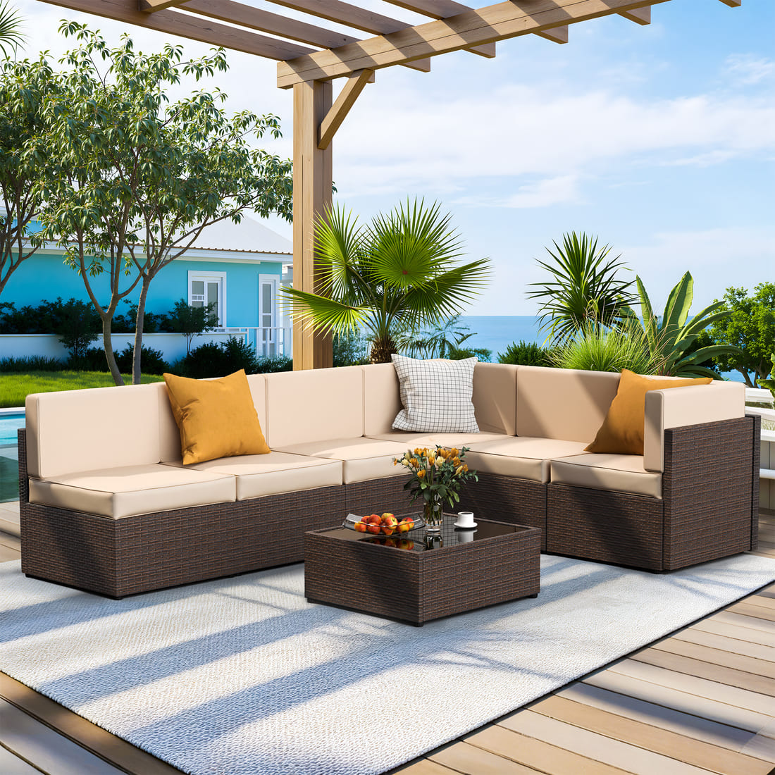 Pamapic Rattan Outdoor Sectional Couch Set (7 Pieces)