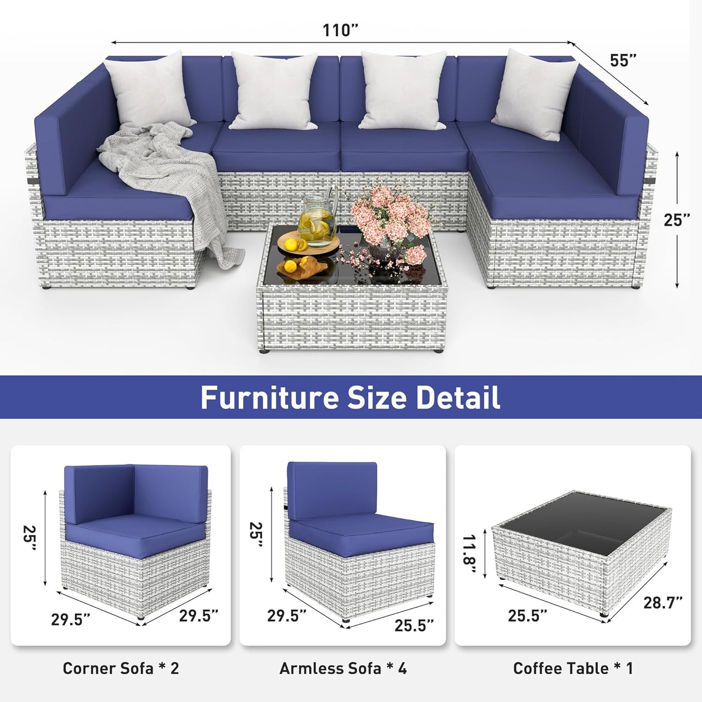 Pamapic Rattan Outdoor Sectional Couch Set (7 Pieces)