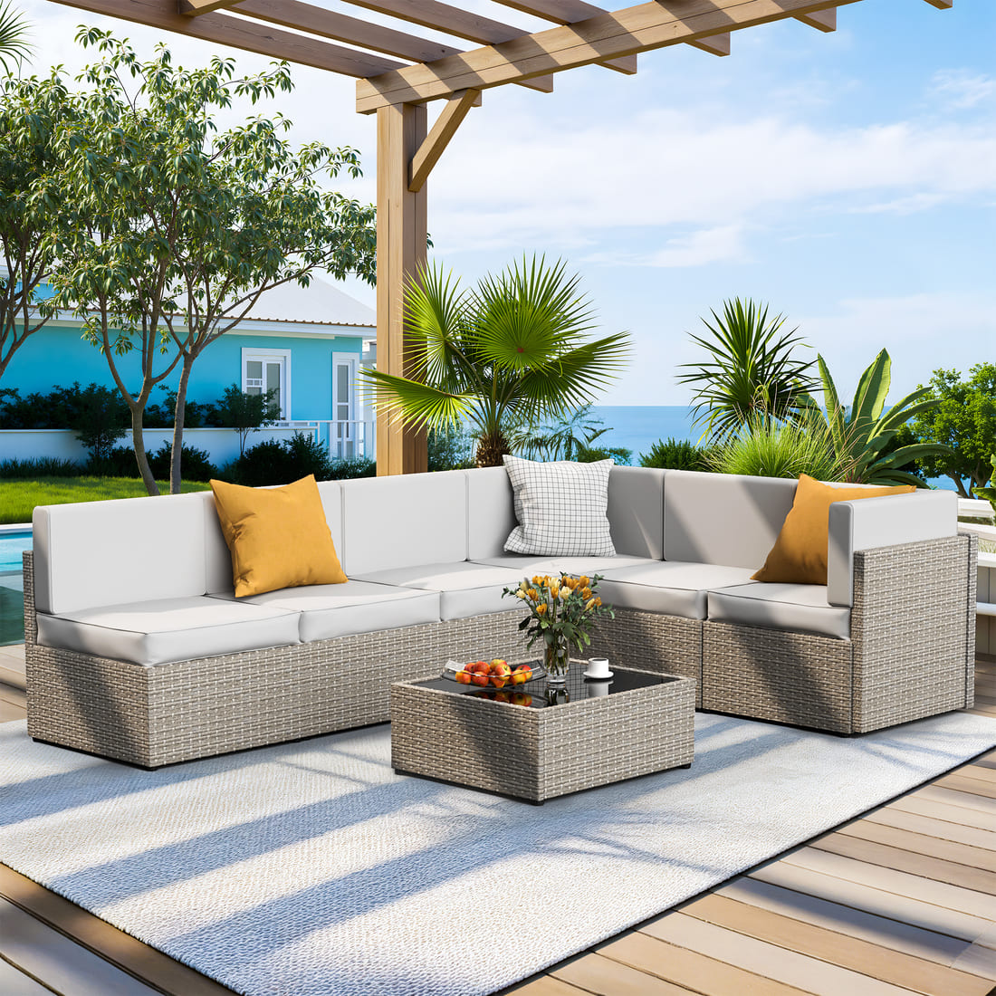 Pamapic Rattan Outdoor Sectional Couch Set (7 Pieces)