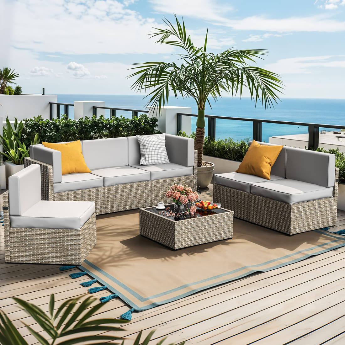 Pamapic Rattan Outdoor Sectional Couch Set (7 Pieces)
