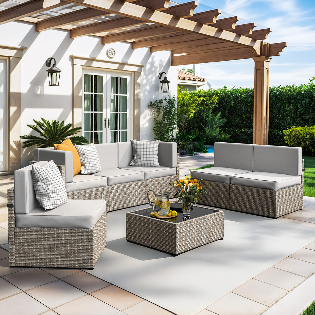 Pamapic Rattan Outdoor Sectional Couch Set (7 Pieces)