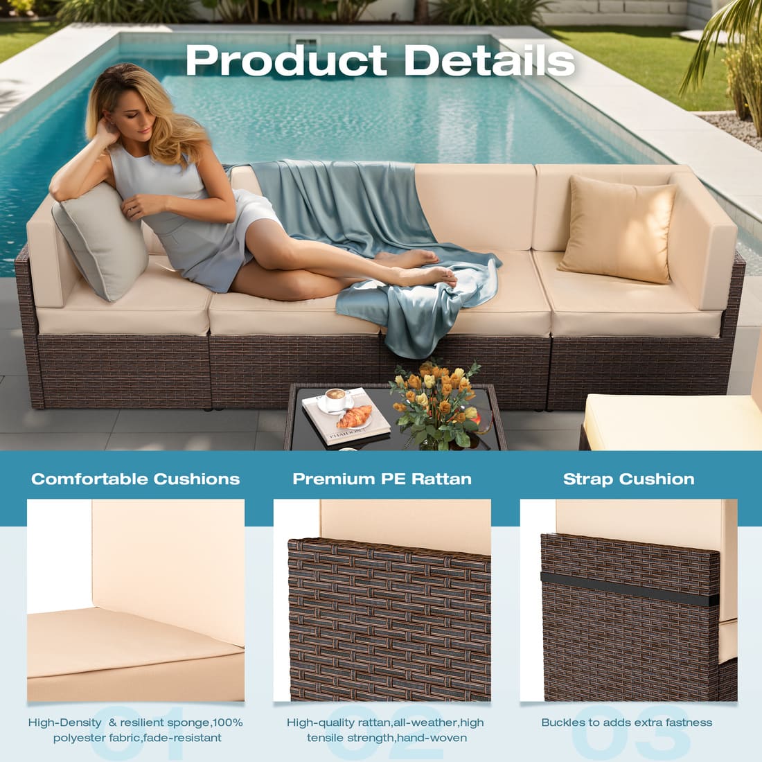 Pamapic Rattan Outdoor Sectional Couch Set (7 Pieces)