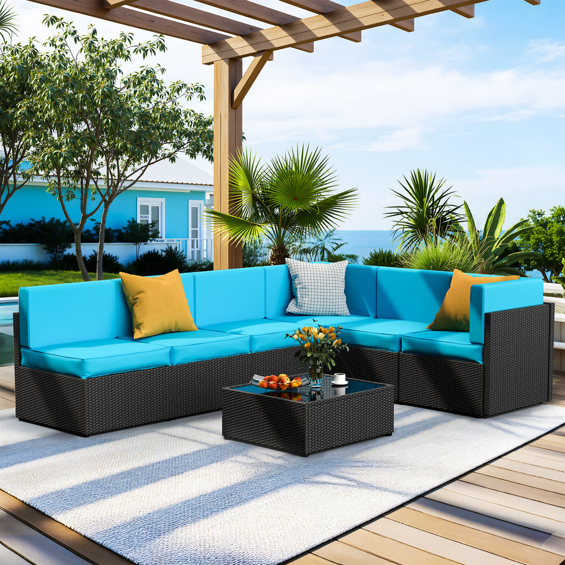 Pamapic Rattan Outdoor Sectional Couch Set (7 Pieces)