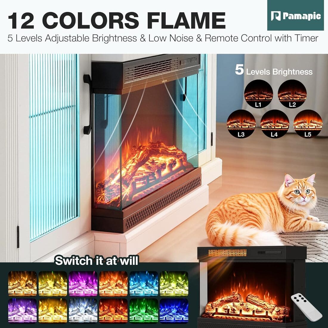 3-Sided Electric Fireplace TV Stand, Farmhouse Entertainment Center with 36" LED Fireplace & Glass Doors for Living Room