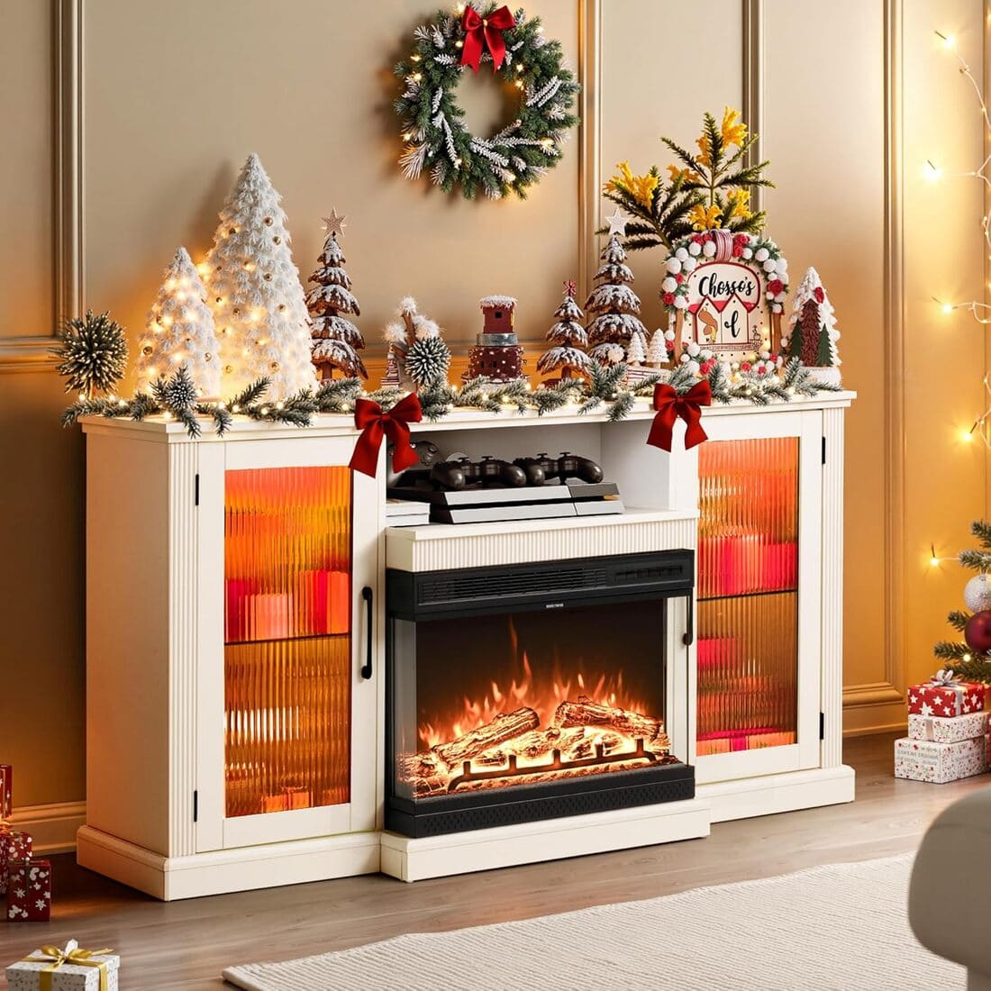 3-Sided Electric Fireplace TV Stand, Farmhouse Entertainment Center with 36" LED Fireplace & Glass Doors for Living Room