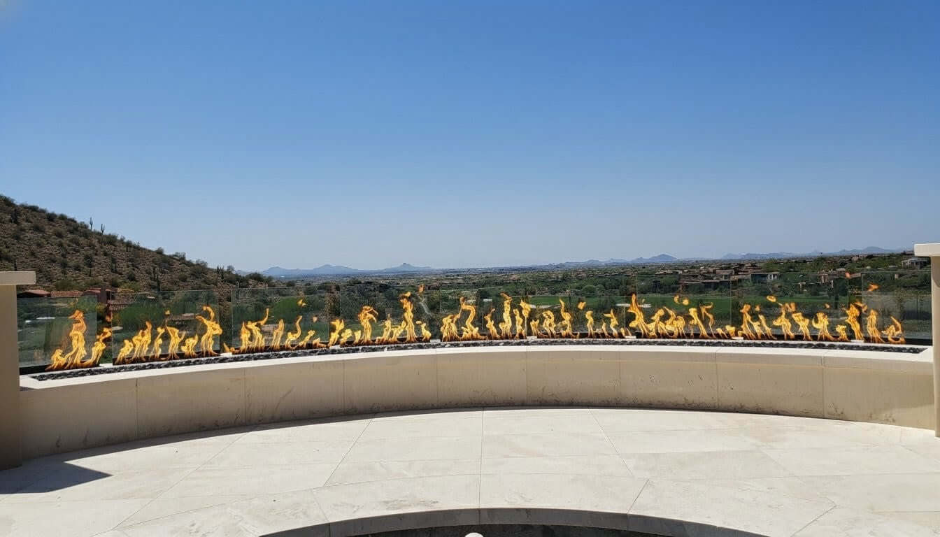 DIY vs Professional Fire Pit Installation: 18ft custom crescent fire pit burner and burner pan in DC Ranch-Horshoe community created by Eric Tolbert