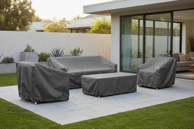Outdoor Furniture Covers - 4-piece patio furniture set protected by 4-piece patio furniture cover in backyard with uncovered patio