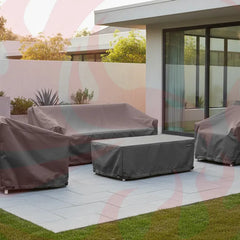 Outdoor Furniture Covers - 4-piece patio furniture set protected by 4-piece patio furniture cover in backyard with uncovered patio