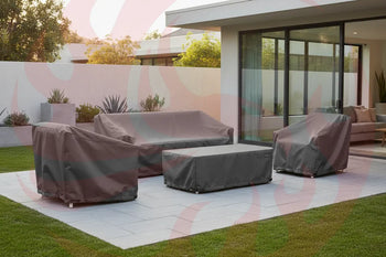 Outdoor Furniture Covers - 4-piece patio furniture set protected by 4-piece patio furniture cover in backyard with uncovered patio