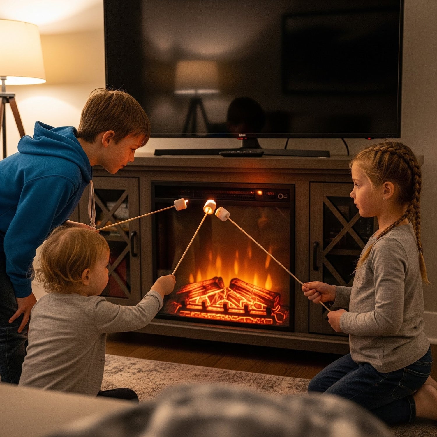 Want a fireplace inside your home but afraid of burning it down? Go electric! You can hardly tell the difference like these kids.