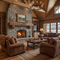 B-Vent Wood Fireplaces: Traditional Fires, Real Logs - B-Vent Wood Fireplace with stone surround and decorative wood mantel inside a traditional great room with all wood flooring and decor, typical of a luxurious log cabin design style.