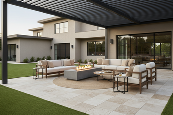 Fire Table Furniture Sets: Ignite Your Patio Game - fire table furniture set on travertine in a residential backyard underneath a pergola with a nice beige stucco home in the background and artificial turf around the travertine