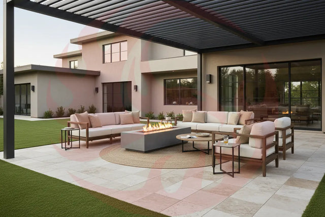 Fire Table Furniture Sets: Ignite Your Patio Game - fire table furniture set on travertine in a residential backyard underneath a pergola with a nice beige stucco home in the background and artificial turf around the travertine