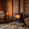 Wood Stoves: Freestanding Heat for the Hands-On -  Freestanding wood burning stove inside a log cabin with a log caddy filled with fire wood