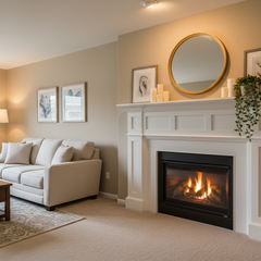 Typical suburban living room with a beautiful white fireplace mantel over a direct vent fireplace. - Phoenix Fire Art