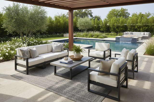 Patio Furniture Sets: Outdoor Seating That Slaps -  High end patio furniture set in an upscale backyard under a pergola