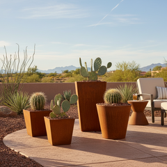Tapered Corten Steel Planters in Arizona Desert Backyard - Phoenix Fire Art