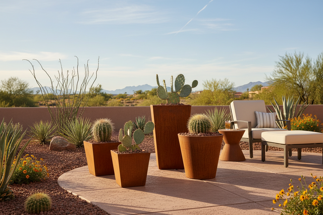 Tapered Corten Steel Planters in Arizona Desert Backyard - Phoenix Fire Art