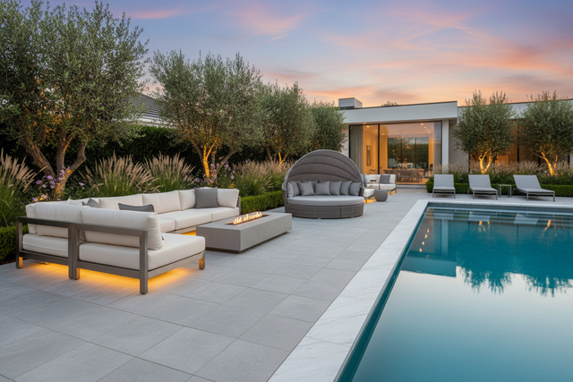 Patio Furniture: Outdoor Living Done Right - patio furniture sectional and daybed in an upscale backyard with pool