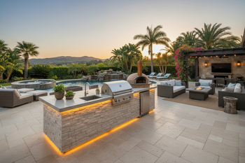 Outdoor Kitchen Islands for Backyard Cooking - deluxe outdoor kitchen island with grill, sink, refrigerator, pizza oven and stone veneer siding on the edge of a travertine patio with a luxurious oasis backyard