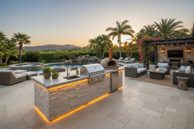 Outdoor Kitchen Islands for Backyard Cooking - deluxe outdoor kitchen island with grill, sink, refrigerator, pizza oven and stone veneer siding on the edge of a travertine patio with a luxurious oasis backyard
