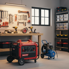 Typical garage workshop showcasing the following equipment: portable generator, portable air compressor and typical power tools.