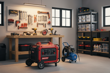 Typical garage workshop showcasing the following equipment: portable generator, portable air compressor and typical power tools.