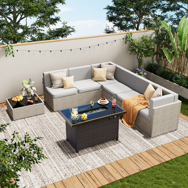 Pamapic Outdoor Sectional Couch Set with Fire Pit Table