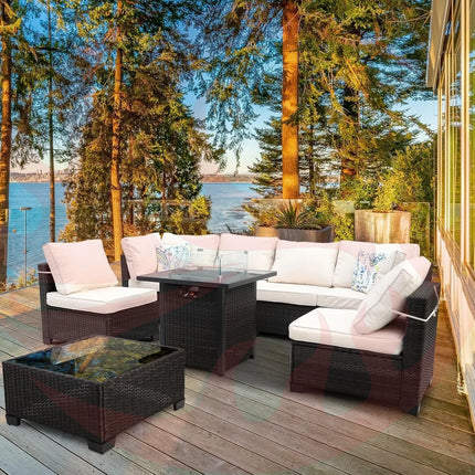 8 Piece Wicker Patio Furniture Set with Fire Pit-1