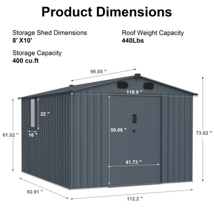 [08X10FT] Alora Large Outdoor Metal Backyard Garden Storage Tool Shed With Window And Lockable Doors (SAK68140) SAKSBY WHOLESALE
