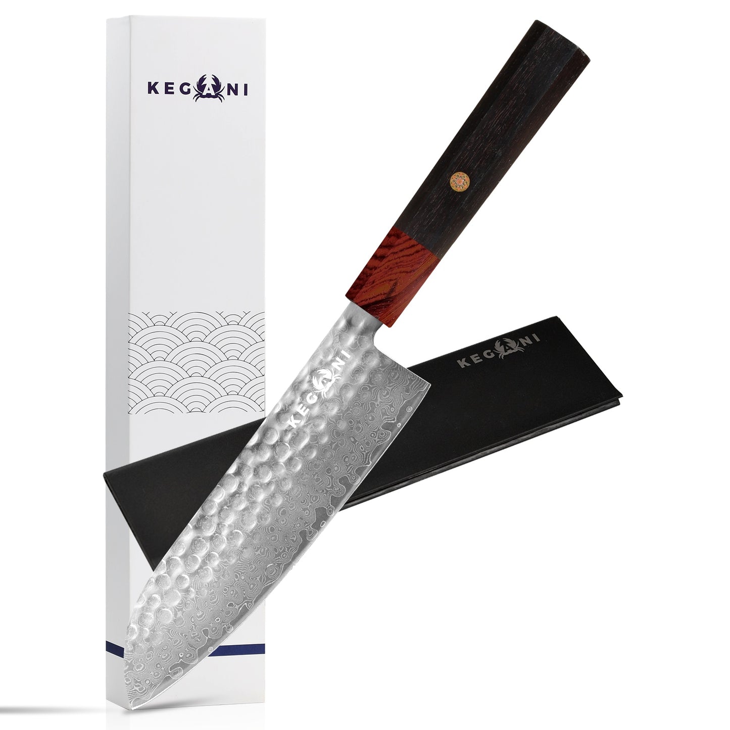 Kegani Damascus Japanese Chef Knife, 67 Layer VG-10 Natural Hammered with Rosewood Handle - Phoenix Fire Art Store