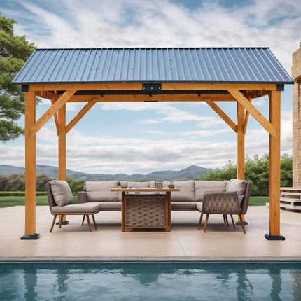 [09X11FT] Alora Heavy-Duty All-Weather Hardtop Wooden Carport Gazebo With Galvanized Steel Roof (SAK39187) - Phoenix Fire Art Store