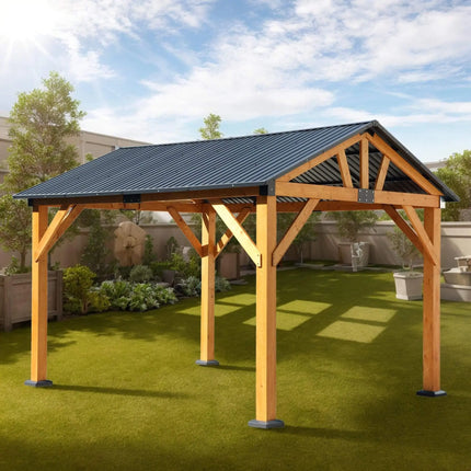 [09X11FT] Alora Heavy-Duty All-Weather Hardtop Wooden Carport Gazebo With Galvanized Steel Roof (SAK39187) - Phoenix Fire Art Store