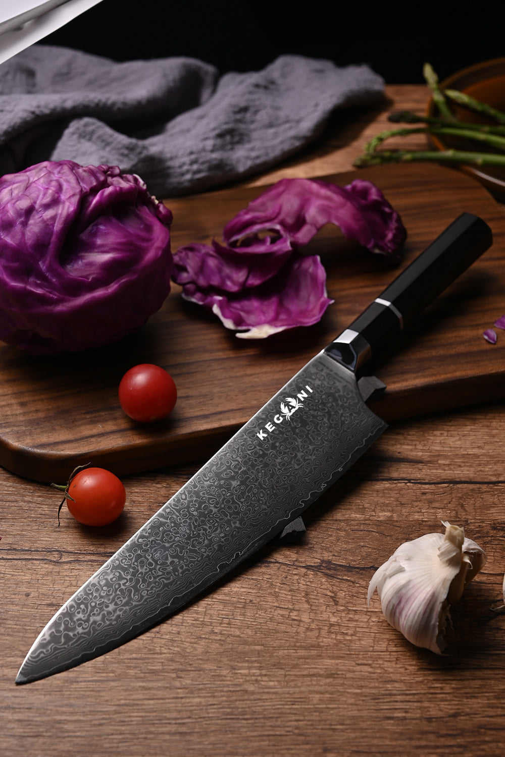 Kegani 8 Inch Japanese 72 Layer VG-10 Damascus Kiritsuke Chef Knife, Ebony Full Tang Handle - Phoenix Fire Art Store