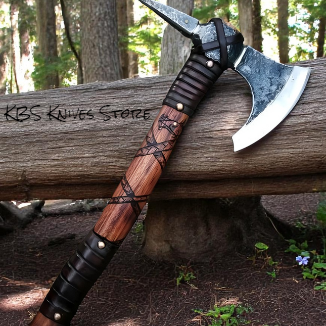 Viking Axe – Forged 1095 High Carbon Steel with Engraved Rosewood & Leather Wrap