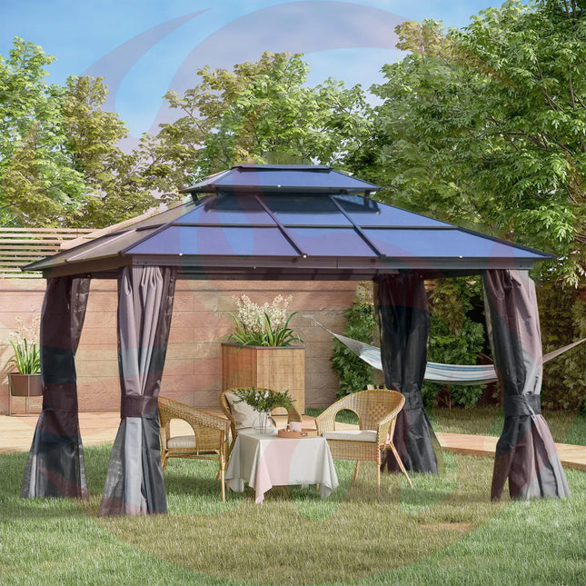 [10X12FT] Alora Hardtop Gazebo Canopy With Polycarbonate Double Roof, Netting, And Curtains (SAK15672) SAKSBY WHOLESALE
