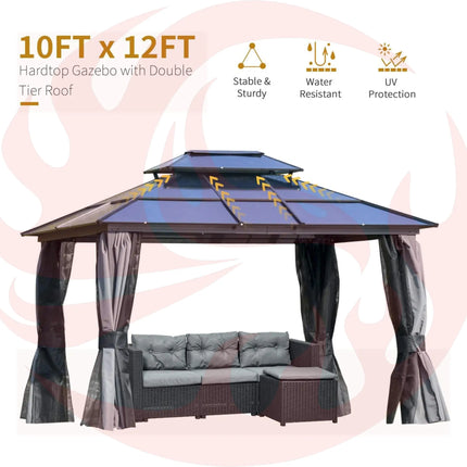 [10X12FT] Alora Hardtop Gazebo Canopy With Polycarbonate Double Roof, Netting, And Curtains (SAK15672) SAKSBY WHOLESALE