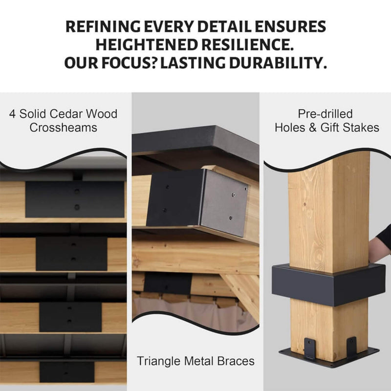 [10X12FT] Alora Heavy-Duty Premium Outdoor All-Season Wooden Cedar Hardtop Gazebo With Metal Roof & Back Curtains (SAK57184)