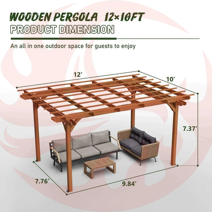 [10X12FT] Alora Premium Extra Large Outdoor Weather-Resistant Wooden Grape Pergola (SAK16278) - Phoenix Fire Art Store