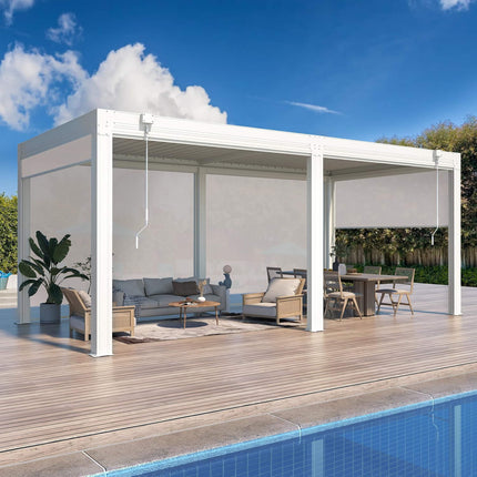 Alora White Louvered Aluminum Pergola With Adjustable Roof And Pull-Down Screens (SAK46817) SAKSBY WHOLESALE