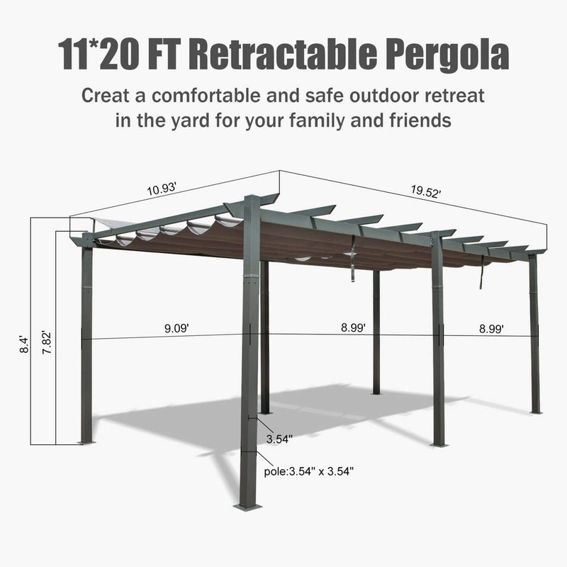 [11X20FT] Alora Premium Outdoor Retractable Aluminum Pergola Gazebo With Weather-Resistant Canopy (SAK54612)