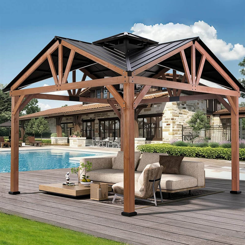 [12X12FT] Alora Premium Outdoor Cedar Wood Hardtop Gazebo With Galvanized Steel Roof (SAK31864)