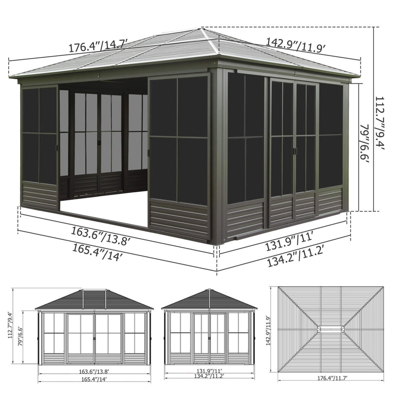 [12X14FT] Alora Premium All-Weather Outdoor Aluminum Sunroom With Galvanized Steel Hardtop Sloping Roof, Lockable Doors, And Moveable PC Screens (SAK76831)